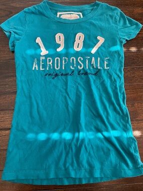 Aeropostale Teal Striped Crewneck Tee
